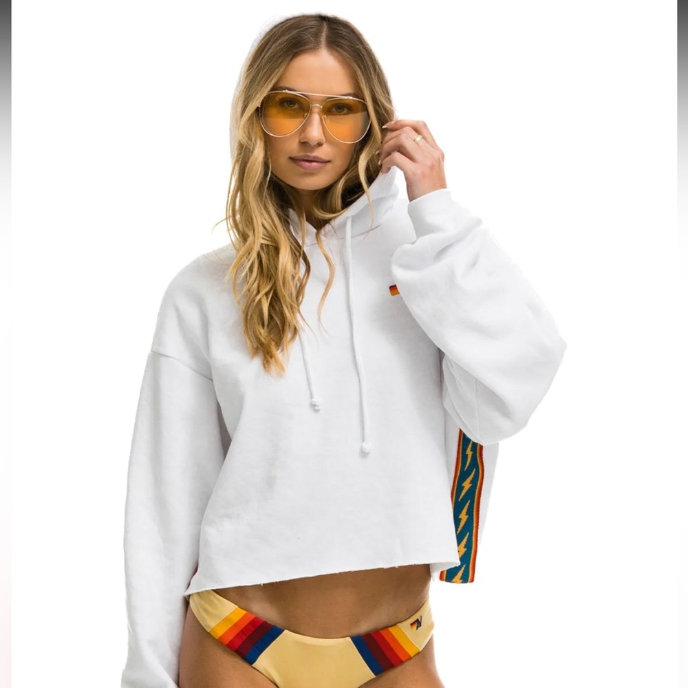 Brand New!  Aviator Nation Bolt Stripe Relaxed Cropped Hoodie - White, Size XL.